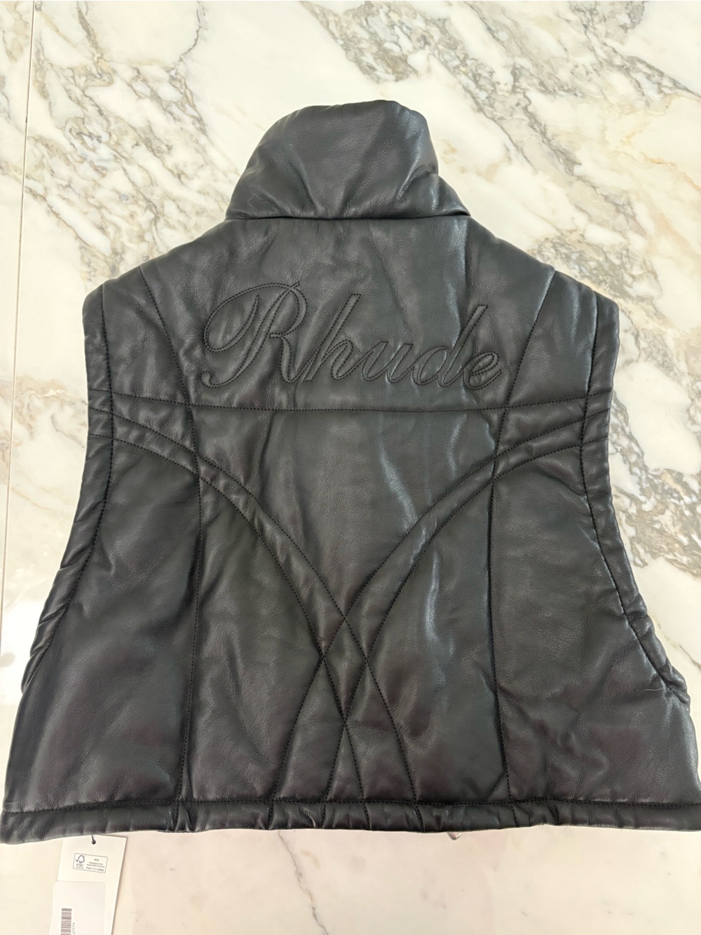 Rhude Black Quilted Faux Leather Vest with Embroidered Back Logo